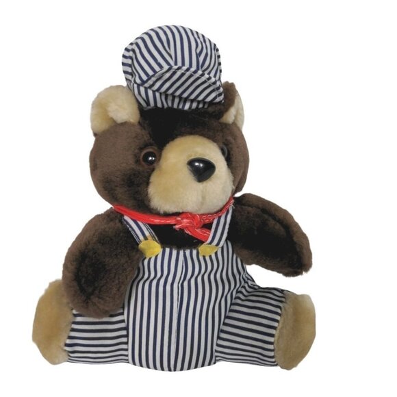 Train Engineer Railroad Brown Bear Striped Overalls Plush Stuffed Animal 9.5" - Picture 1 of 3